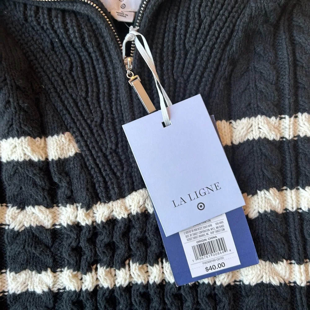 La Ligne x Target Black/White Striped Cotton Blend Shawl Zip Sweater Large NWT